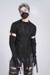 Black Long Sleeves Strap Lace-Up Irregular Mesh Men's Gothic T-Shirt - Black - 1