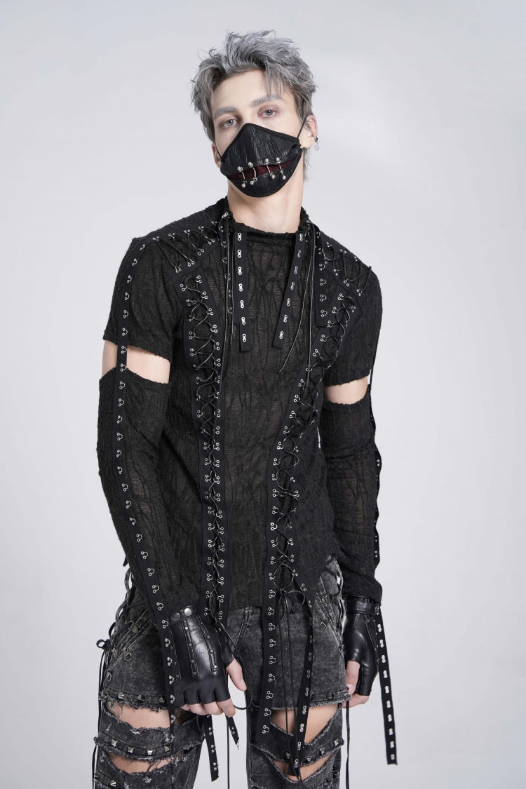 Black Long Sleeves Strap Lace-Up Irregular Mesh Men's Gothic T-Shirt - Black - 1