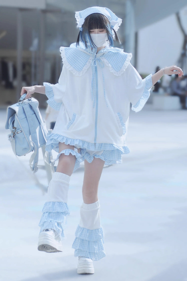 White/Blue Heart Signal Half Sleeves Plaid Print Hooded Sweet Jirai Kei Japanese Coat - Product - 2