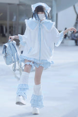 White/Blue Heart Signal Half Sleeves Plaid Print Hooded Sweet Jirai Kei Japanese Coat - Product - 2