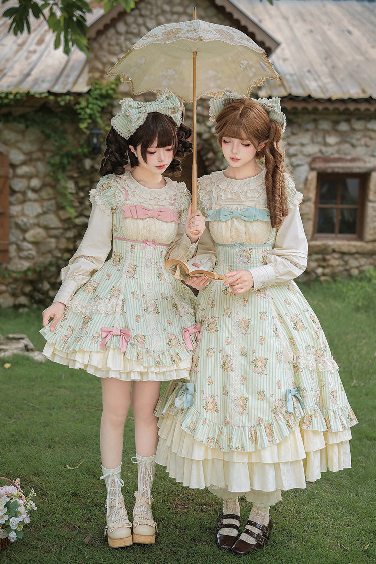 Green [An Encounter with Austin] Square Collar Short Sleeves Multi-Layered Rose Printed Ruffled Bow Lace Sweet Lolita Dress 2 Versions - Product - 10