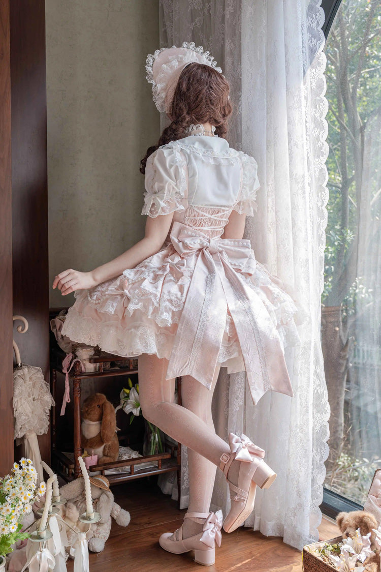 Pink [Small Cakes] Sleeveless Multi-Layered Ruffle Bowknot Lace Sweet Lolita Jsk Dress - Product - 2