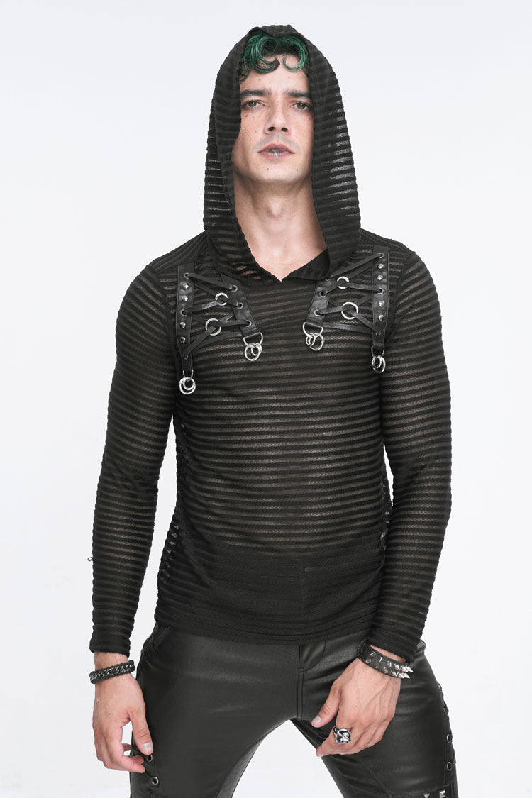 Black Striped Sheer Long Sleeve Men's Punk Sweatshirt Hooded - Product - 2