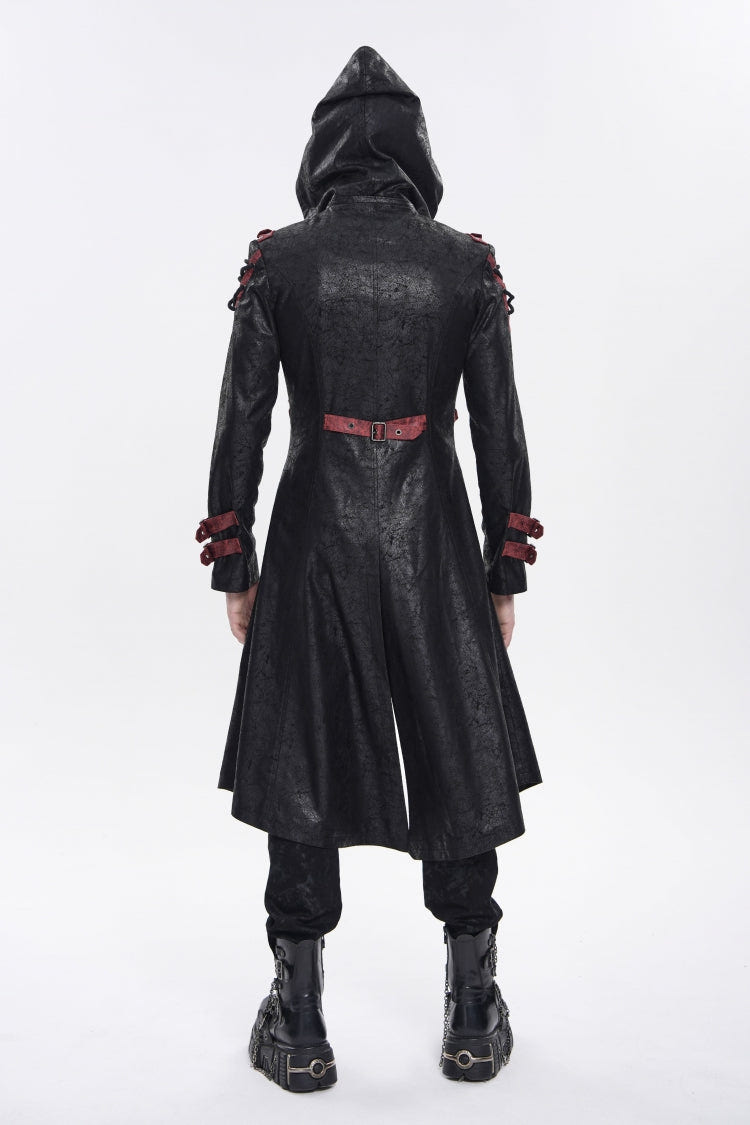 Black Stand Collar Long Sleeves Printed Spliced Studded Buckled Zippered Eyelet Men's Punk Cool Hooded Jacket - Product - 4