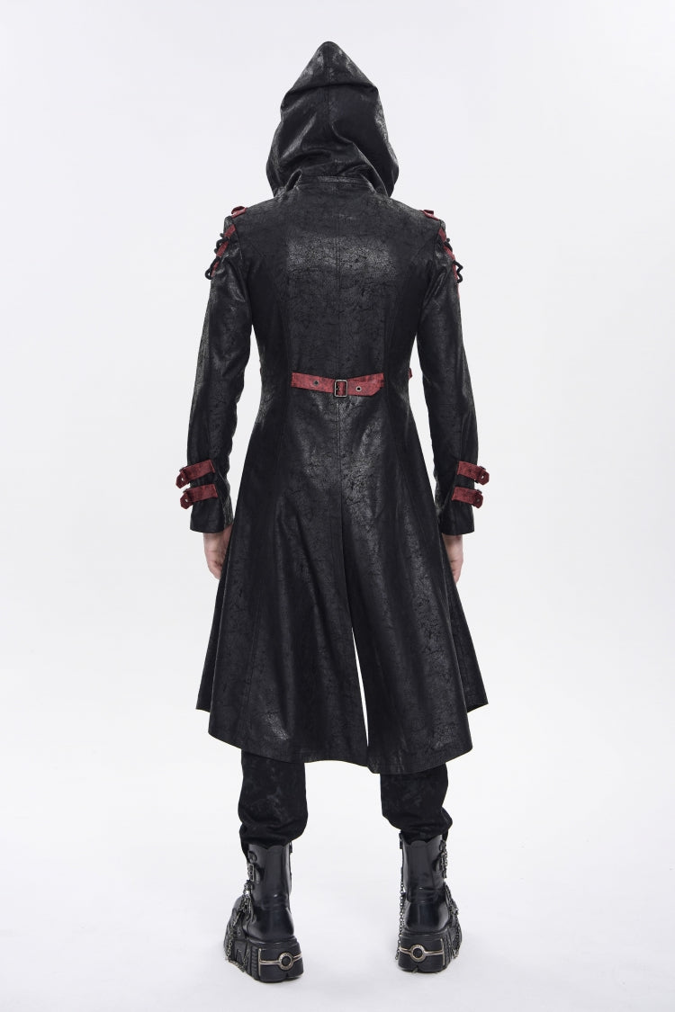 Black Stand Collar Long Sleeves Printed Spliced Studded Buckled Zippered Eyelet Men's Punk Cool Hooded Jacket - Product - 4