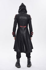 Black Stand Collar Long Sleeves Printed Spliced Studded Buckled Zippered Eyelet Men's Punk Cool Hooded Jacket - Product - 4