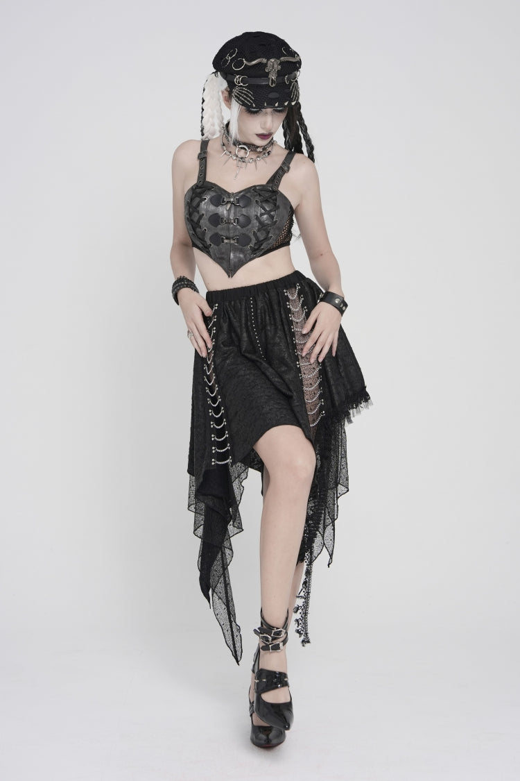 Black Lace Irregular Chain-Decorated Women's Punk Streamer Skirt - Product - 6