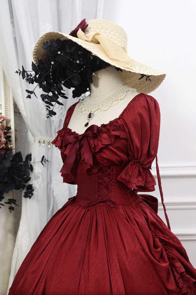Red Short Puff Sleeves Multi-Layered Ruffle Bowknot Classic Vintage Lolita Dress - Product - 6
