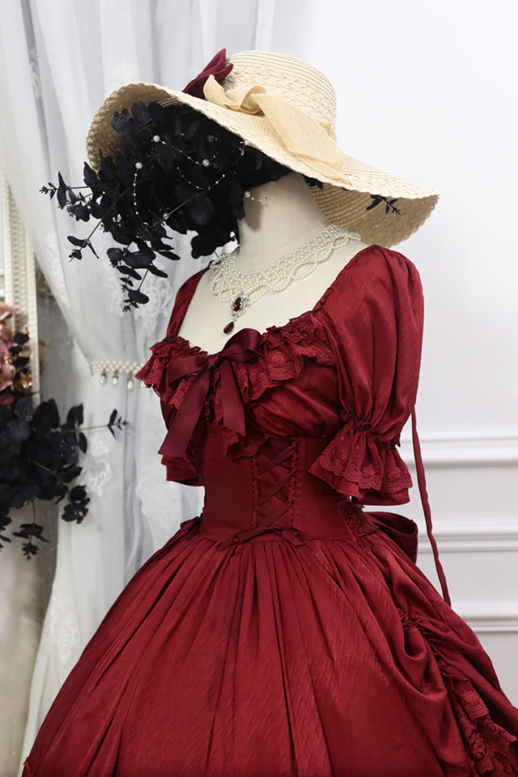 Red Short Puff Sleeves Multi-Layered Ruffle Bowknot Classic Vintage Lolita Dress - Product - 6