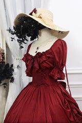 Red Short Puff Sleeves Multi-Layered Ruffle Bowknot Classic Vintage Lolita Dress - Product - 6