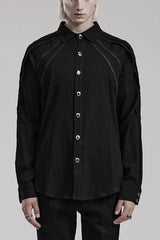 Black Lapel Collar Long Sleeves Metal Buttons Webbing Decoration Mens Gothic Blouse - Black - 1