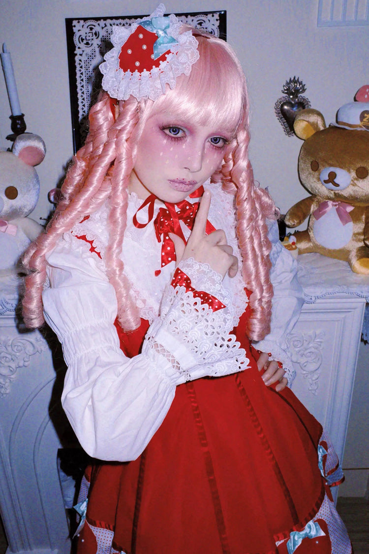 [Miss Peculiar Strawberry] Stand Collar Sleeveless Printed Bow Sweet Lolita Dress 2 Colors (Red, Blue/Black) - Product - 20
