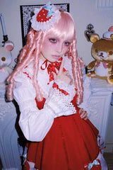 [Miss Peculiar Strawberry] Stand Collar Sleeveless Printed Bow Sweet Lolita Dress 2 Colors (Red, Blue/Black) - Product - 20