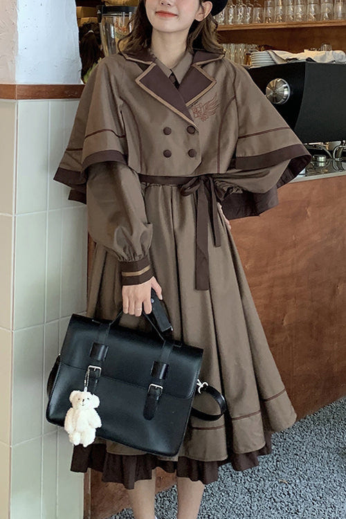 Vintage College Style Lapel Collar Long Sleeves Double Paneled Hem Sweet Lolita Dress - Brown - 1