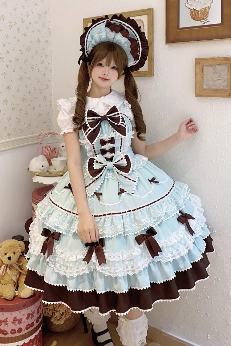 Mint Chocolate [Fondant Cake] Sleeveless Multi-Layered Ruffle Bowknot Lace Sweet Lolita Jsk Dress - Mint-Chocolate - 1