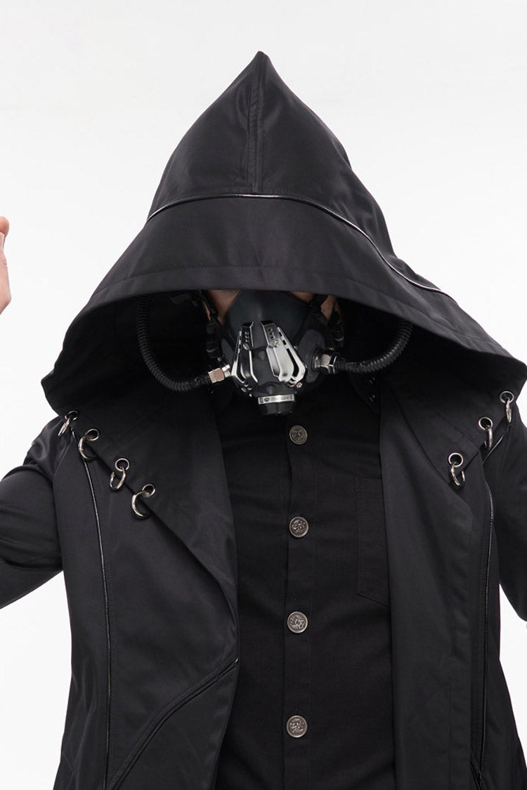 Black Punk Back Splicing Straps Design Windproof Fabric Daily Matching Hooded Casual Men's Coat - Product - 10