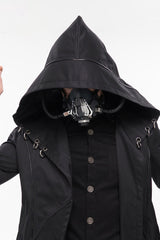 Black Punk Back Splicing Straps Design Windproof Fabric Daily Matching Hooded Casual Men's Coat - Product - 10