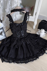 Green [Leiffu] Sleeveless Ruffle Bowknot Lace Lace-Up Sweet Ballet Lolita Jsk Dress - Black - 6