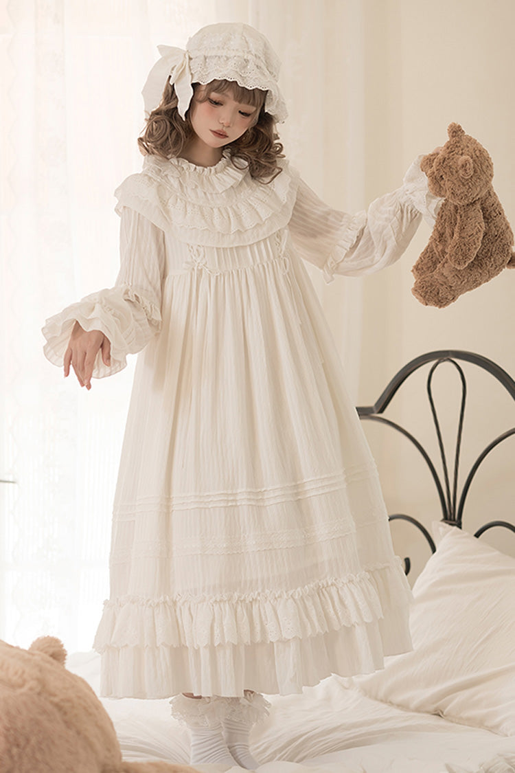 White [Good Night] Long Sleeves Double-Layered Ruffle Bowknot Lace-Up Holy Sweet Lolita Dress - White - 1