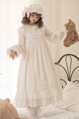 White [Good Night] Long Sleeves Double-Layered Ruffle Bowknot Lace-Up Holy Sweet Lolita Dress - White - 1