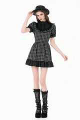 Black/White Plaid Stand Collar Short Puff Sleeves Ruffled  Lace Lace-Up Women's Lolita Gothic Dress - Product - 9