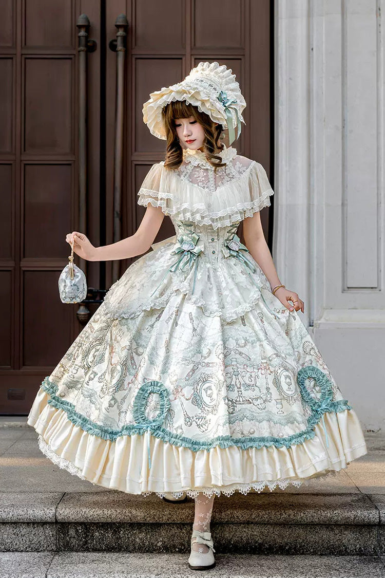 Ivory [Cloudborne Prelude] Edwardian Collar Jacquard Printed Ruffled Bow Lace Fishbone Sweet Classic Lolita Dress - Product - 3