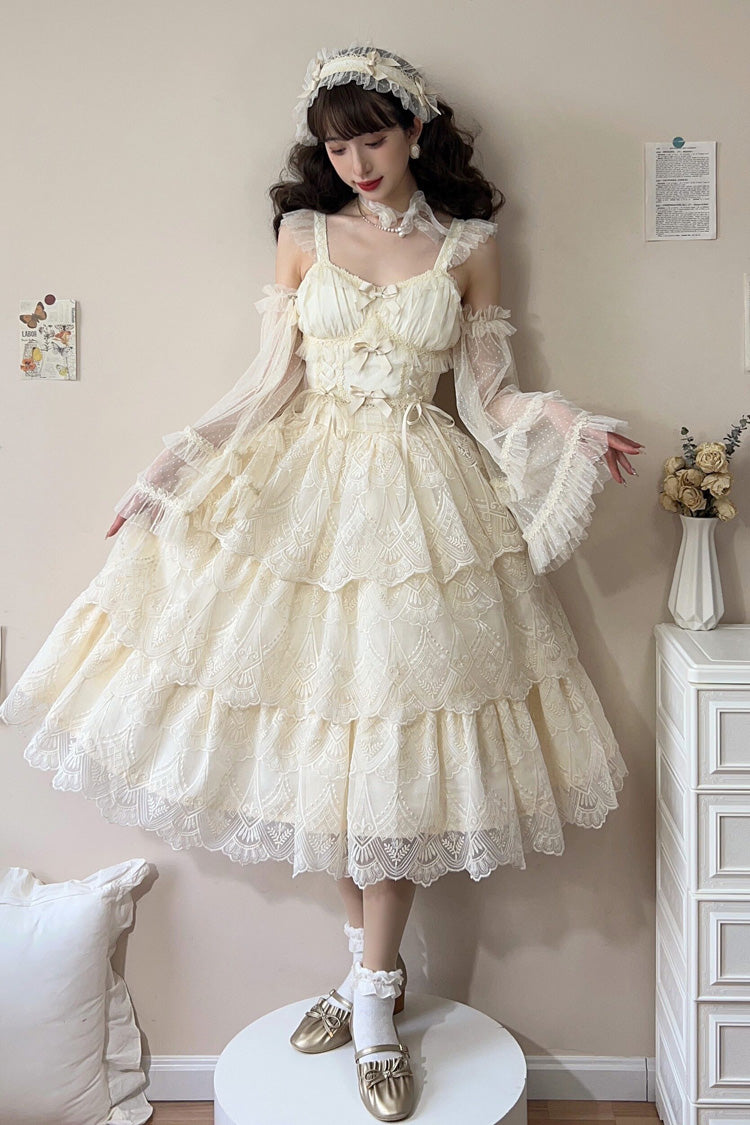 Ivory [Tidal] Triple-Layered Ruffle Bowknot Sweet Lolita Skirt 2 Versions - Ivory - 1
