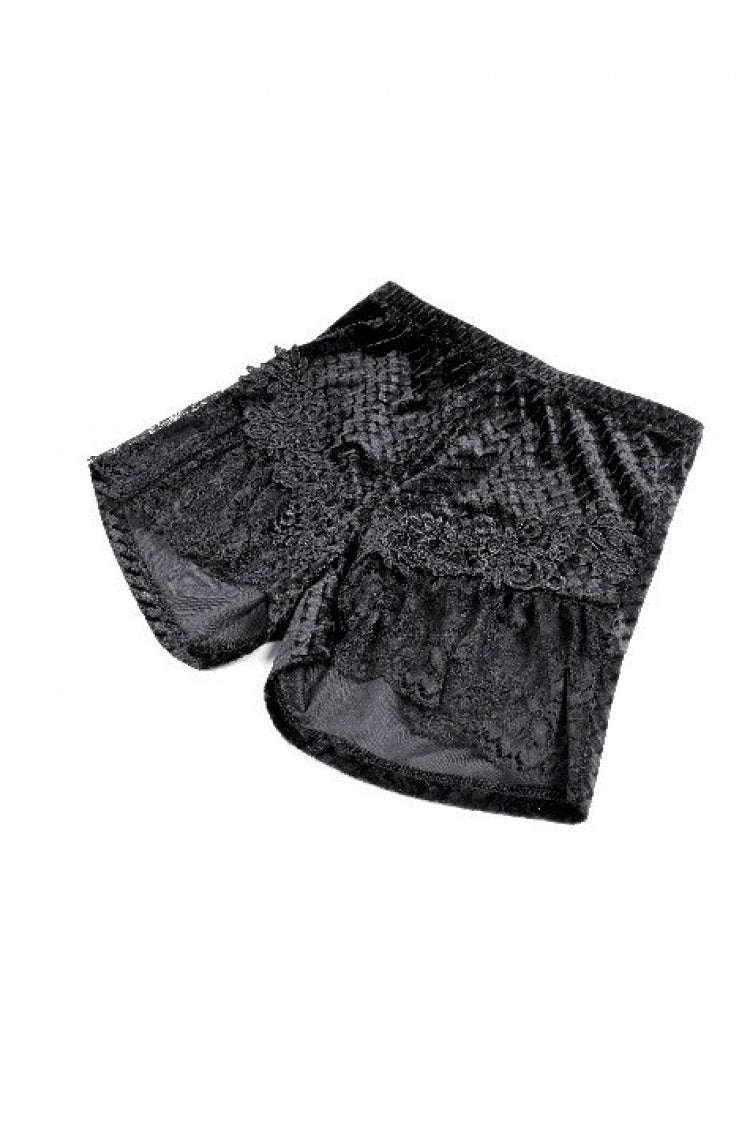 Black Women's Gothic Floral Embossed Velvet Shorts with Sheer Lace Trim - Product - 13