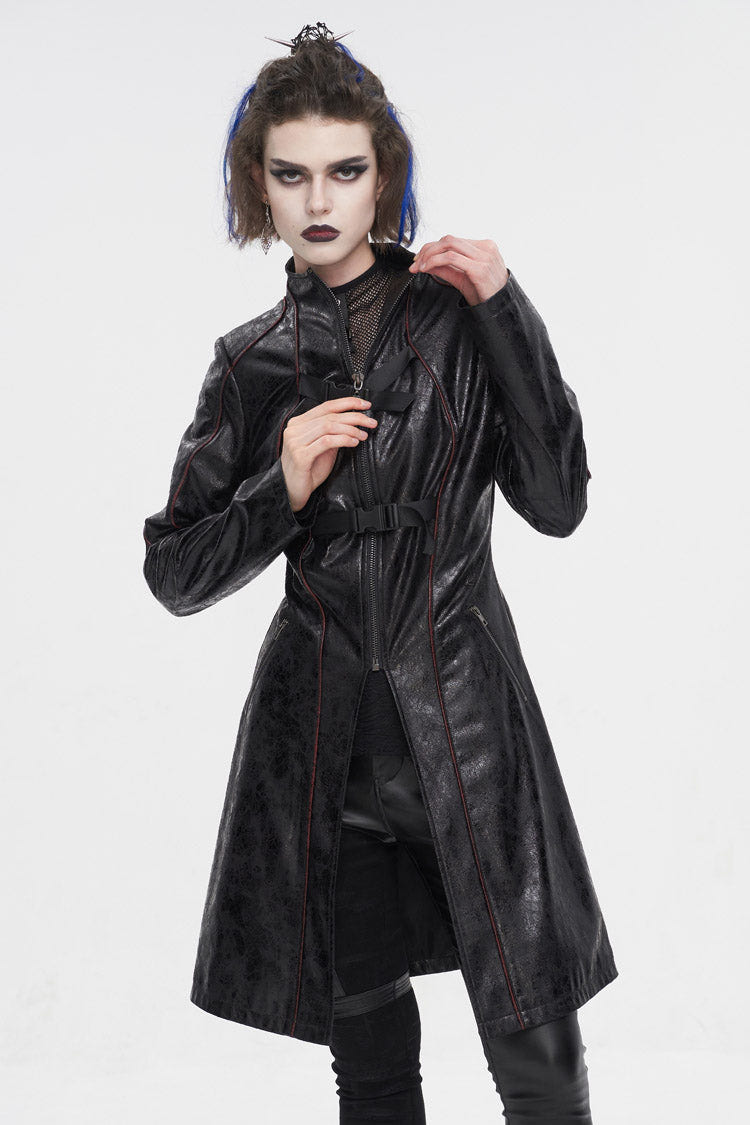 Black Double Buckle Faux Leather Long Women's Punk Coat - Product - 2