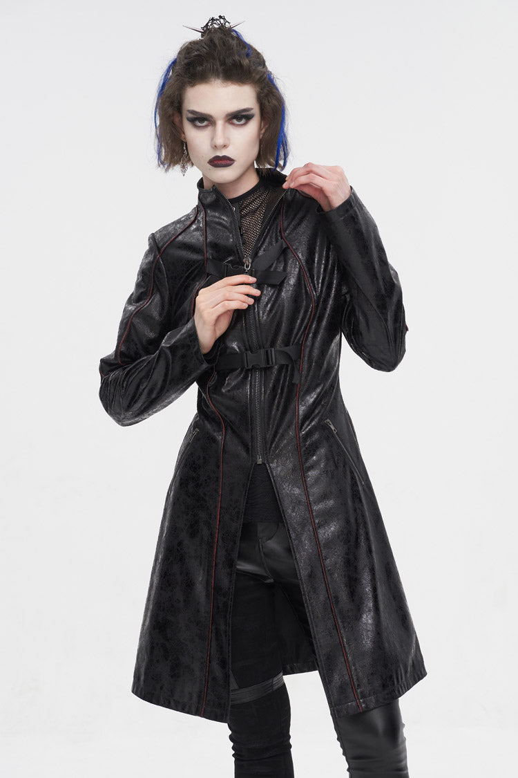 Black Double Buckle Faux Leather Long Women's Punk Coat - Product - 2