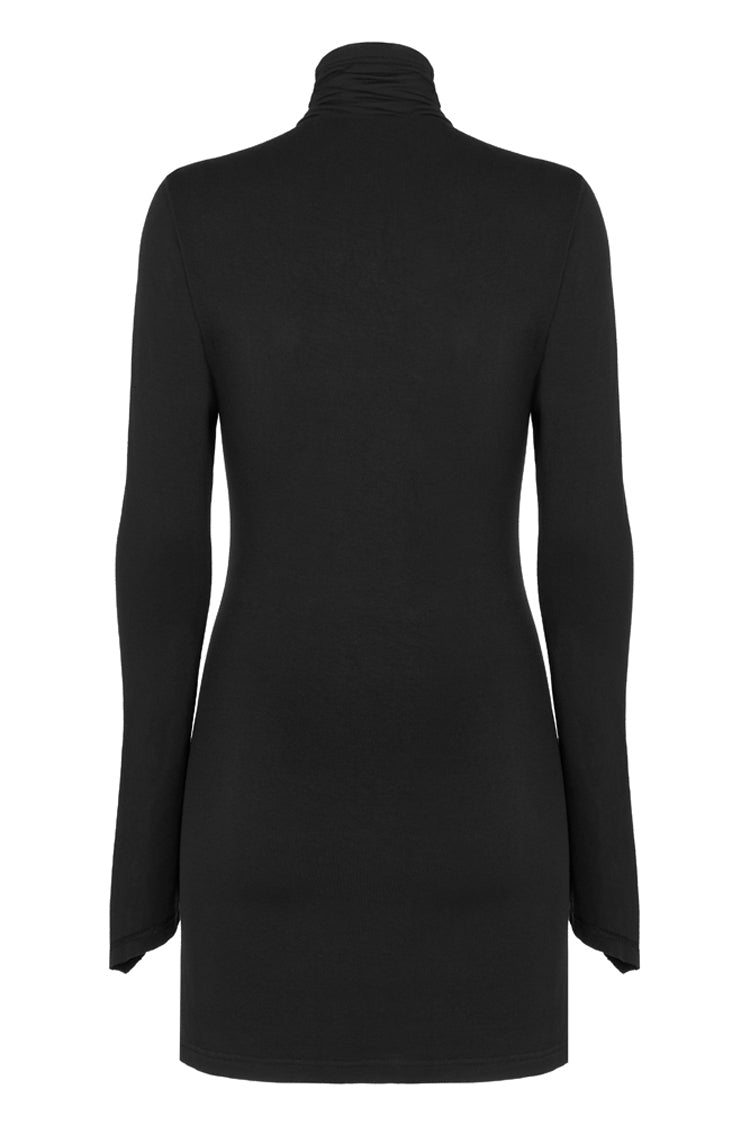 Black Cashmere Knitting Cross Fold Tie Rope Design High Collar Pleated Fit Women's Punk Dress - Product - 7