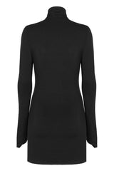 Black Cashmere Knitting Cross Fold Tie Rope Design High Collar Pleated Fit Women's Punk Dress - Product - 7