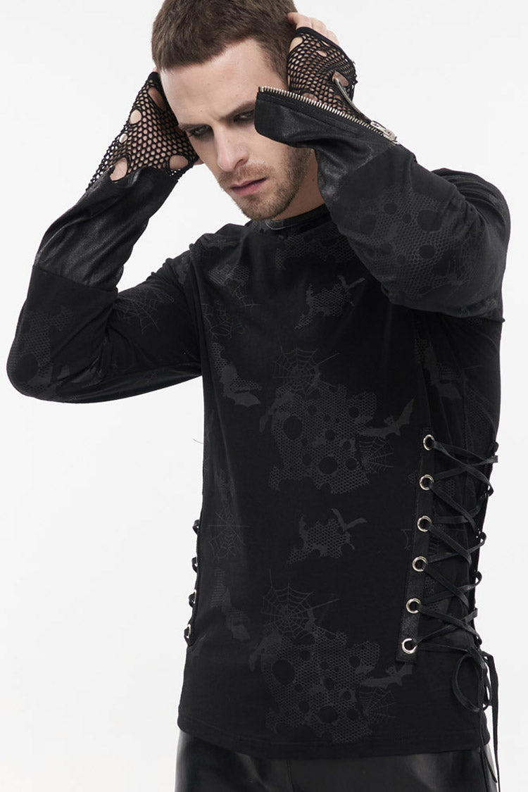 Black Punk Long Sleeve Knit Broken Holes Spider Web Print Crew Neck Men's Shirt - Product - 2