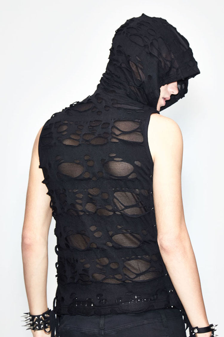 Black Sleeveless Ripped Side Ribbons Lace-Up Hooded Men's Punk T-Shirt - Product - 3