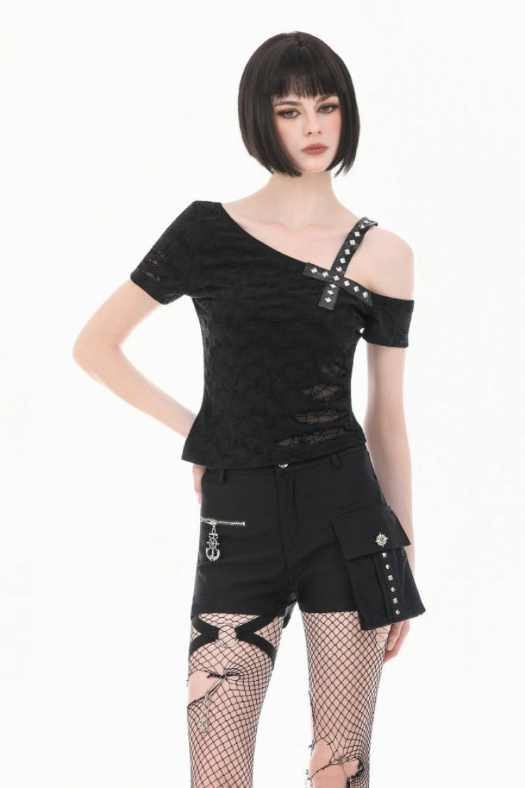 Black Off Shoulder Short Sleeves Studded Cross Straps Asymmetric Women's Punk Top - Black - 1