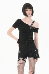 Black Off Shoulder Short Sleeves Studded Cross Straps Asymmetric Women's Punk Top - Black - 1