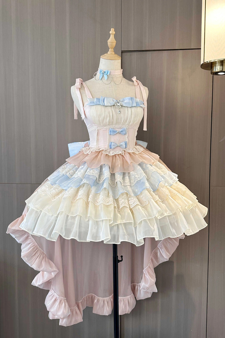 Blue/Pink/Apricot Multi-layer Ruffle Bowknot Sweet Princess Lolita Tiered Dress - Product - 4