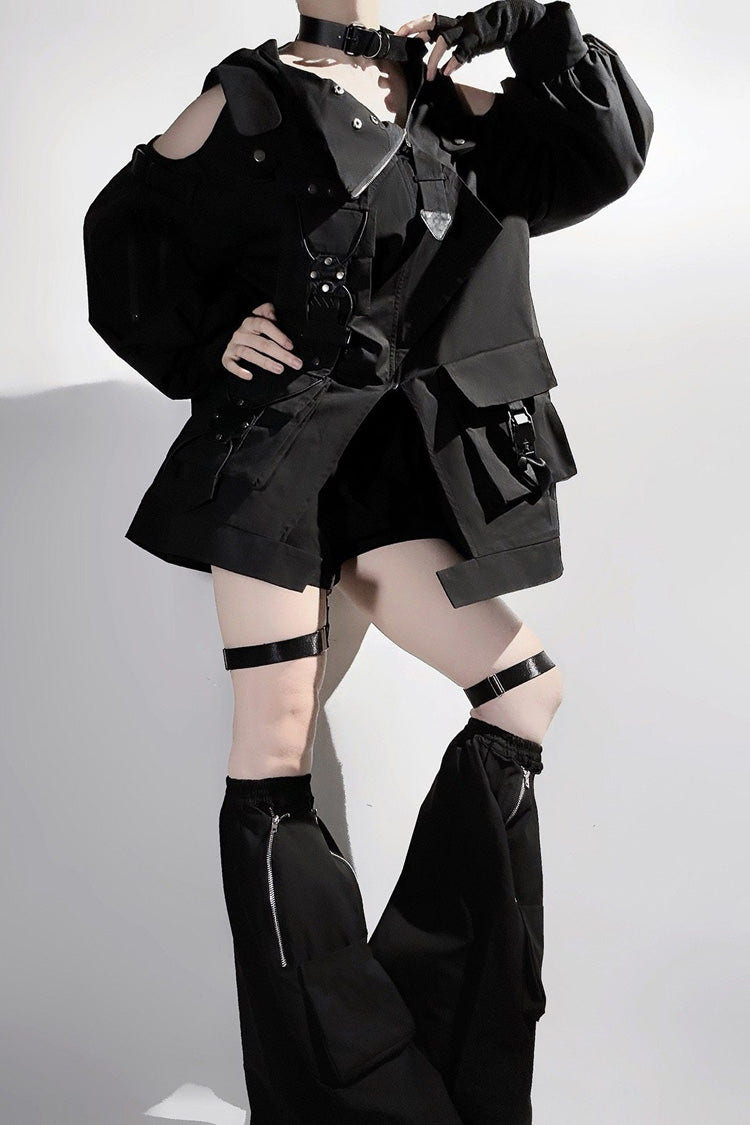 Black Techwear Long Sleeves Hooded Zippered Ouji Gothic Cool Lolita Set - Product - 7