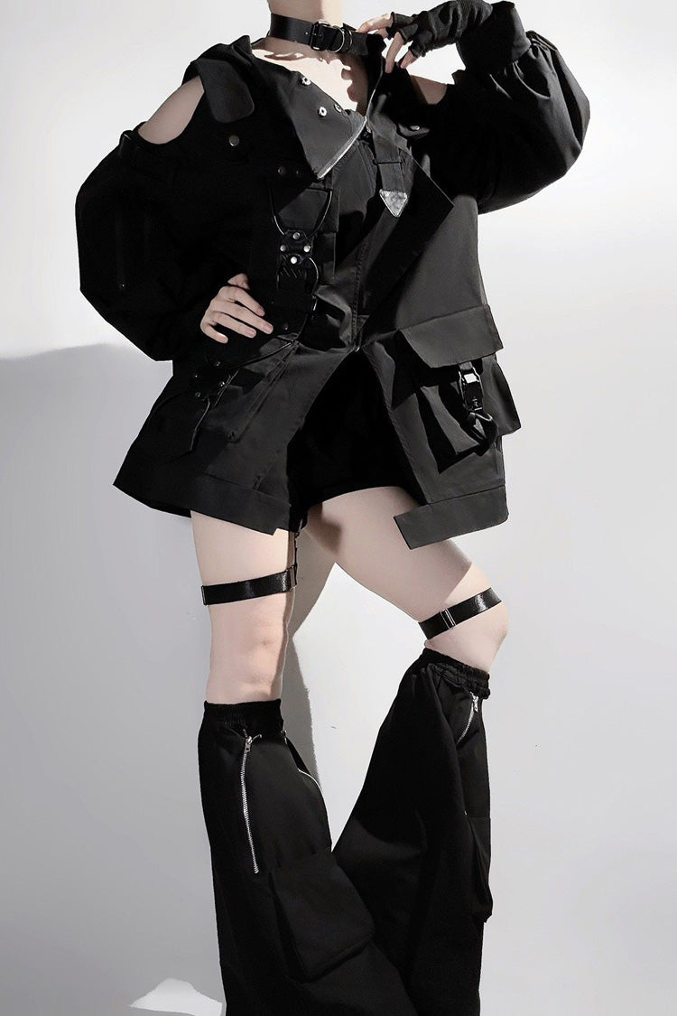 Black Techwear Long Sleeves Hooded Zippered Ouji Gothic Cool Lolita Set - Product - 7