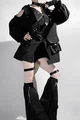 Black Techwear Long Sleeves Hooded Zippered Ouji Gothic Cool Lolita Set - Product - 7