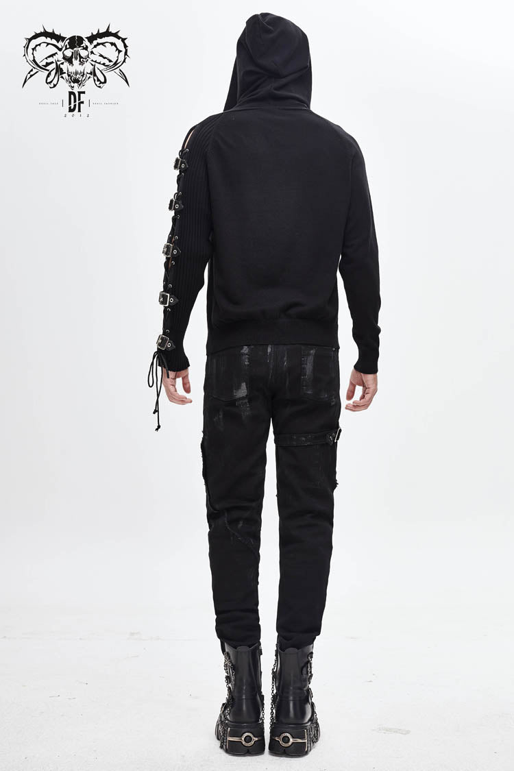 Black Asymmetrical Sleeves Leather Loop Lace-Up Hooded Men's Punk Sweater - Product - 3