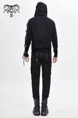 Black Asymmetrical Sleeves Leather Loop Lace-Up Hooded Men's Punk Sweater - Product - 3