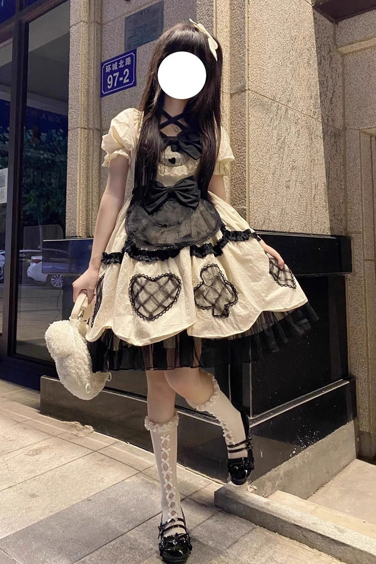 Ivory Short Puff Sleeves Ruffle Bowknot Princess Sweet Lolita Dress - Ivory - 1