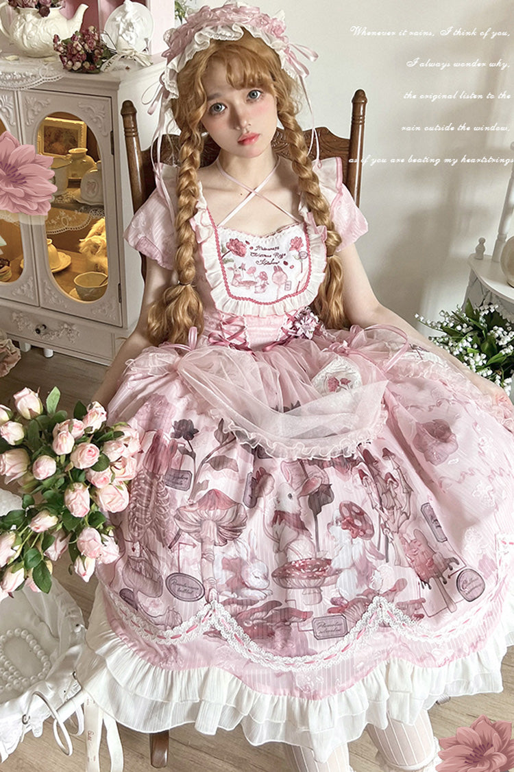 Pink Rabbit Print Square Collar Short Sleeves Ruffle Bowknot Lace Sweet Lolita Dress - Product - 4