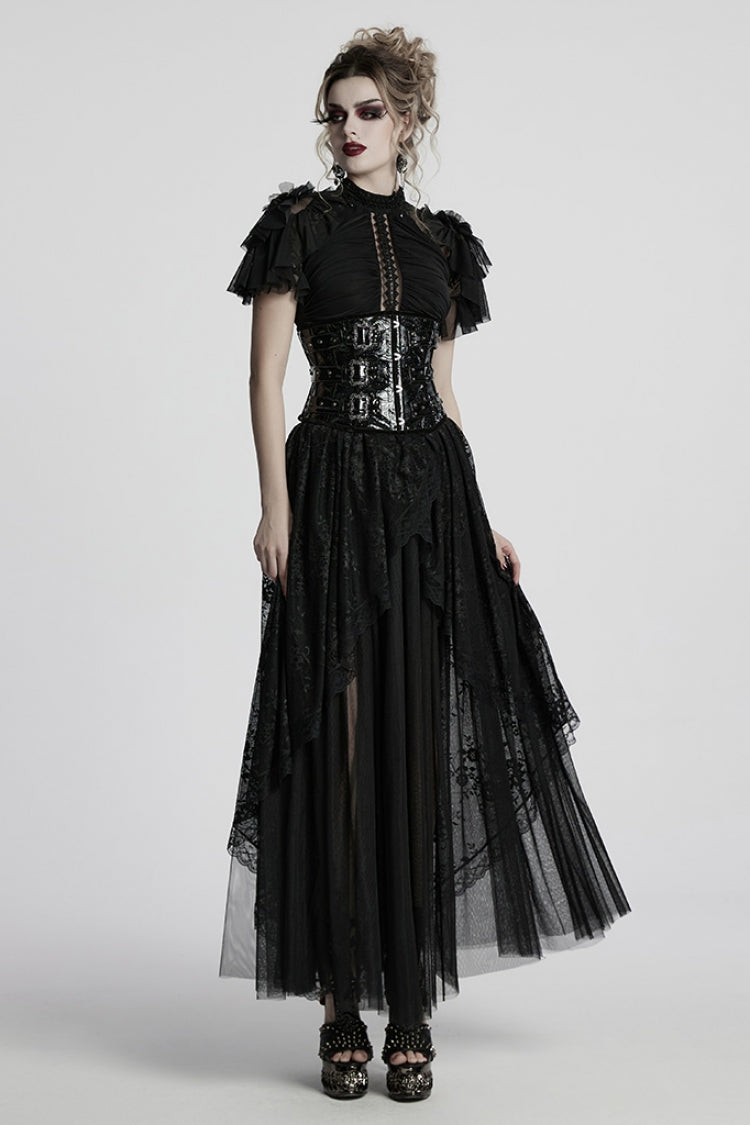 Black Short Sleeves Ruffle Stitching Lace Women's Gothic Layered Ball Gown Dress - Product - 4