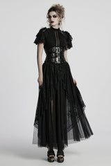 Black Short Sleeves Ruffle Stitching Lace Women's Gothic Layered Ball Gown Dress - Product - 4