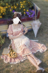 Pink Square Collar Short Puff Sleeves Ruffle Embroidery Sweet Elegant Lolita Dress - Product - 7