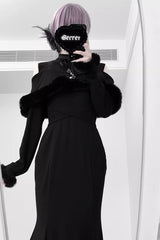 Jirai Kei Stand Collar Off Shoulder Long Sleeves Embroidered Lace Sweet Japanese Fishtail Dress 2 Colors - Product - 7