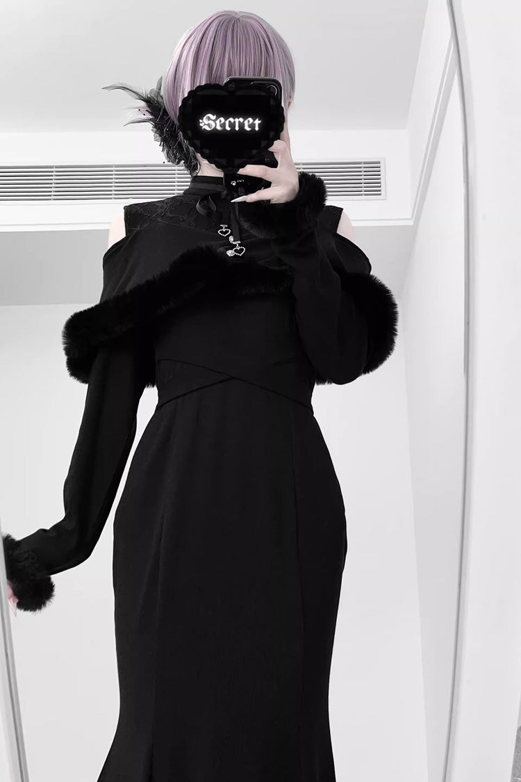 Jirai Kei Stand Collar Off Shoulder Long Sleeves Embroidered Lace Sweet Japanese Fishtail Dress 2 Colors - Product - 7