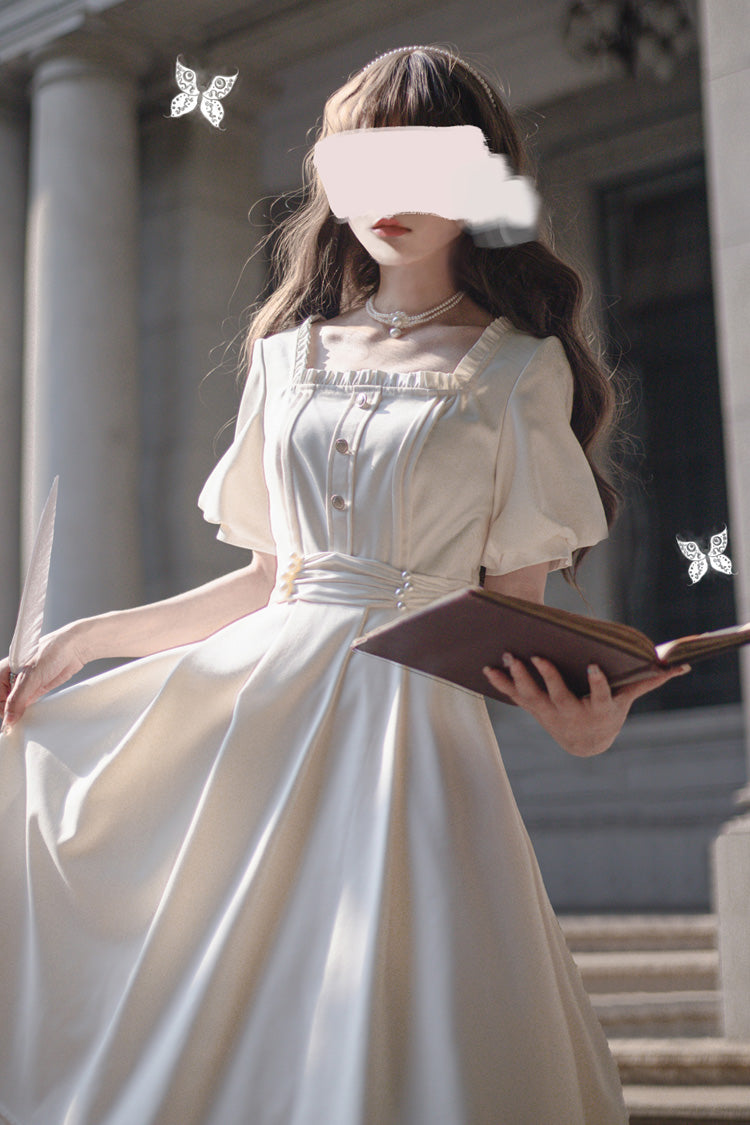 Apricot [Random Thoughts] Square Collar Short Sleeves Ruffle Classic Vintage Elegant Lolita Dress - Product - 18